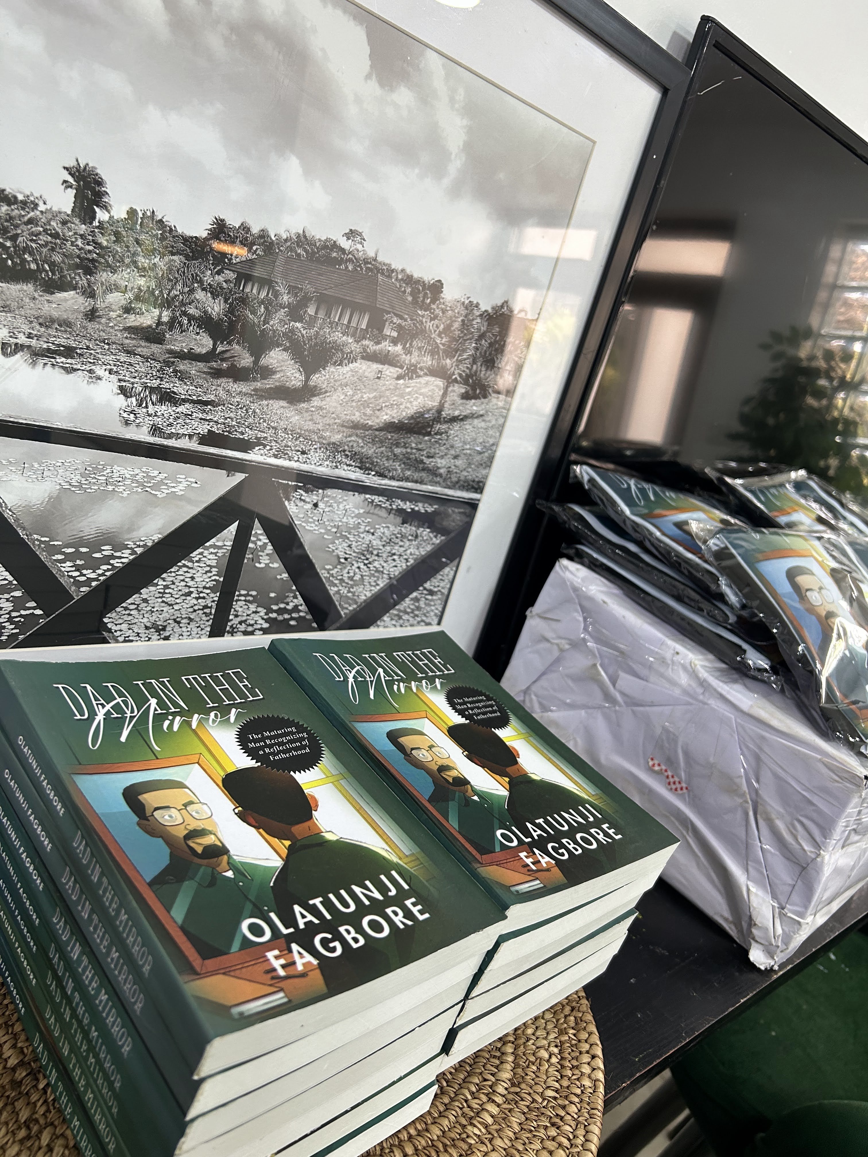 Stacks of Dad in the Mirror paperback copies, shrink-wrapped and ready for distribution